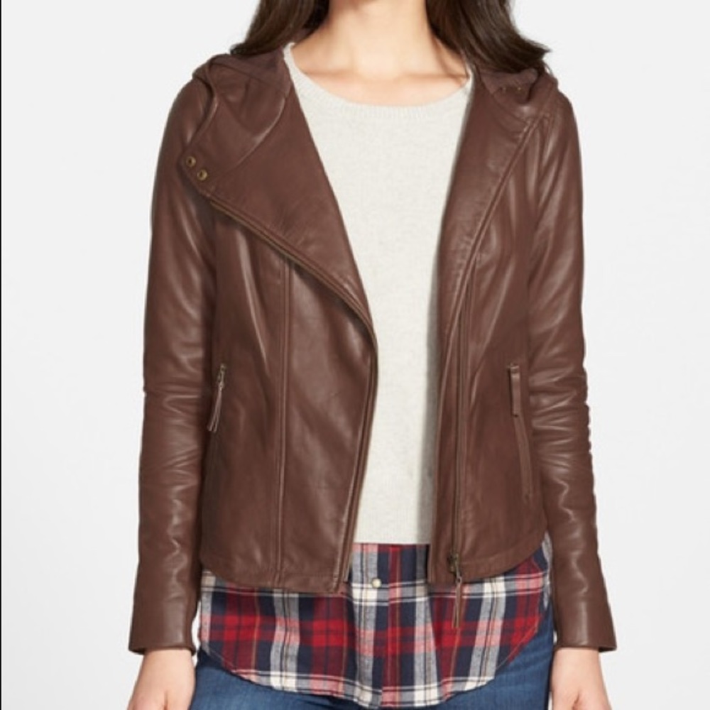 Hinge Hooded Brown Leather Jacket, Small